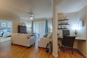 Three Bedroom Apartments for Rent in Conroe, TX - Model Living Room, Desk Nook & Bedroom View  